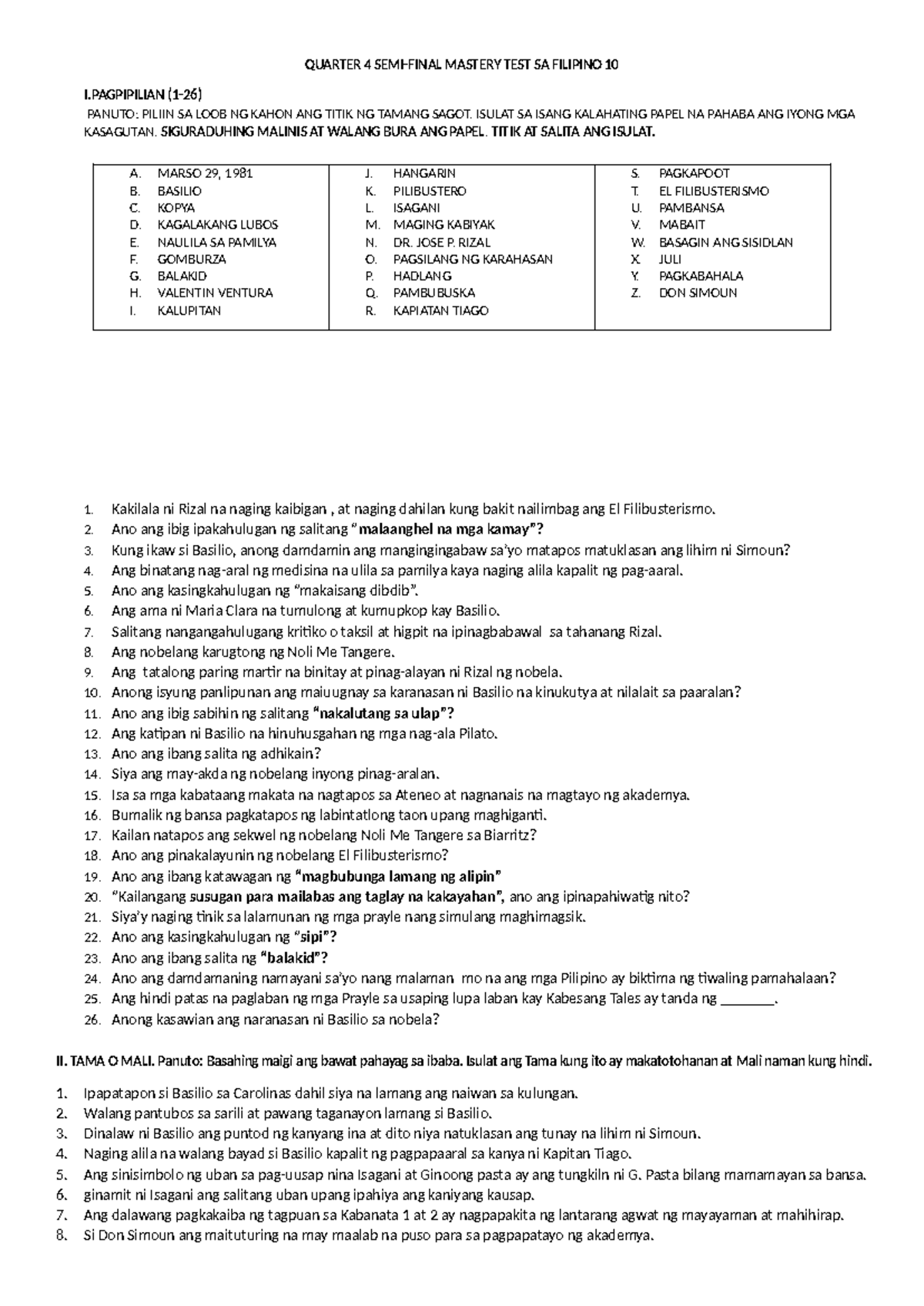 Mastery TEST FIL 10 Q4 - QUARTER 4 SEMI-FINAL MASTERY TEST SA FILIPINO ...