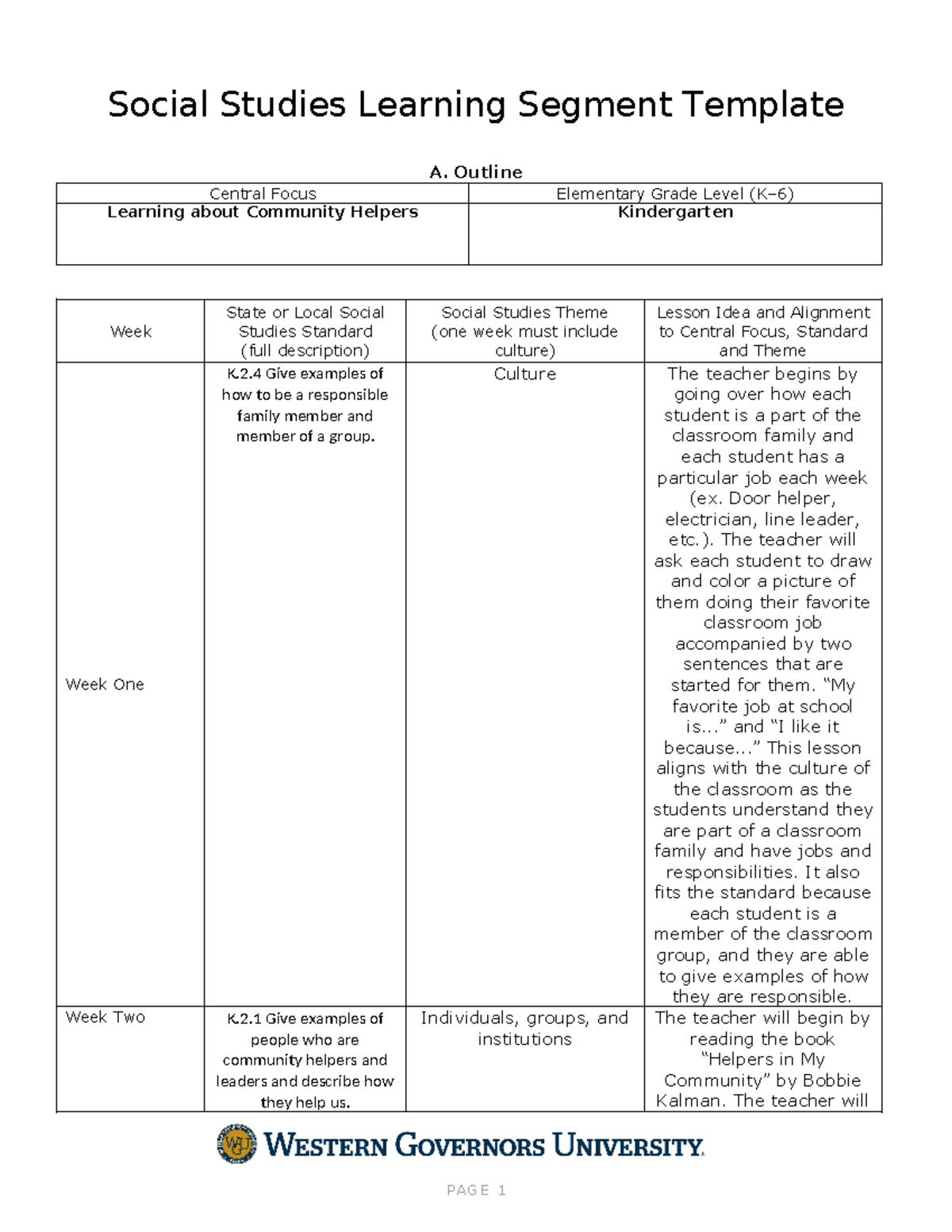 Social Studies Learning Segment - Outline Central Focus Elementary ...