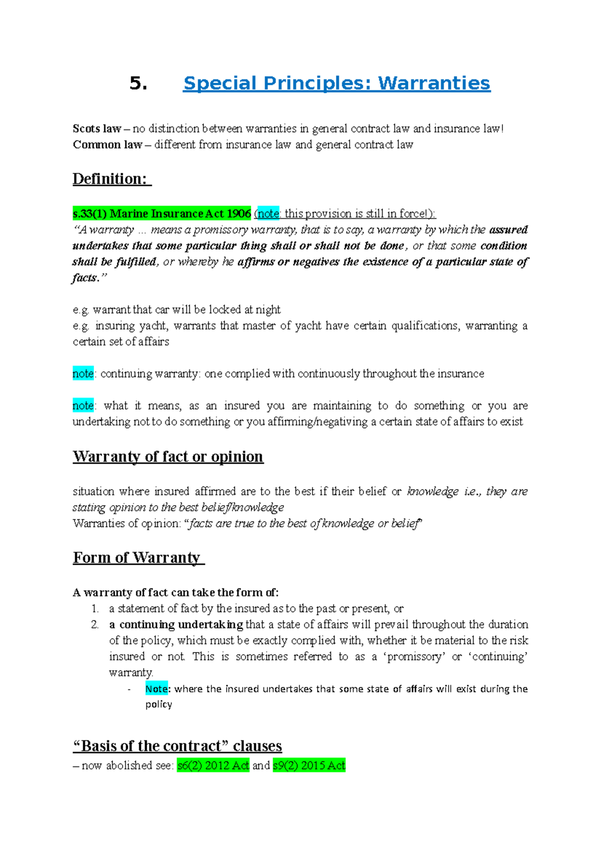 5. Special Principles Warranties 5. Special Principles Warranties