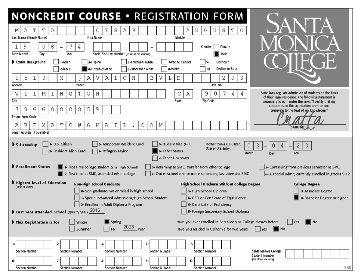 Non Cred Application signed - NONCR EDIT COU RSE • R EGI STR ATION FOR ...