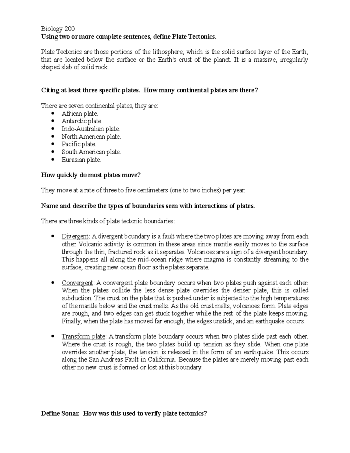 Assigment 1 Biology 200 Using two or more complete sentences, define
