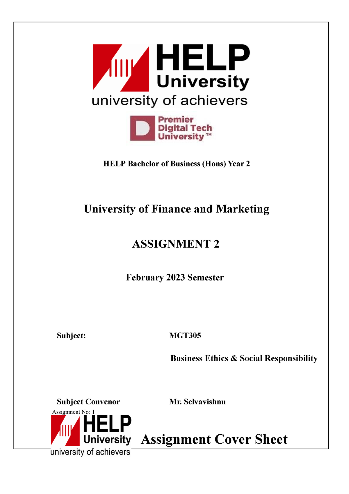 MGT305 Assignment 2 Huynh TIEN DAT E2000 462 - HELP Bachelor Of ...