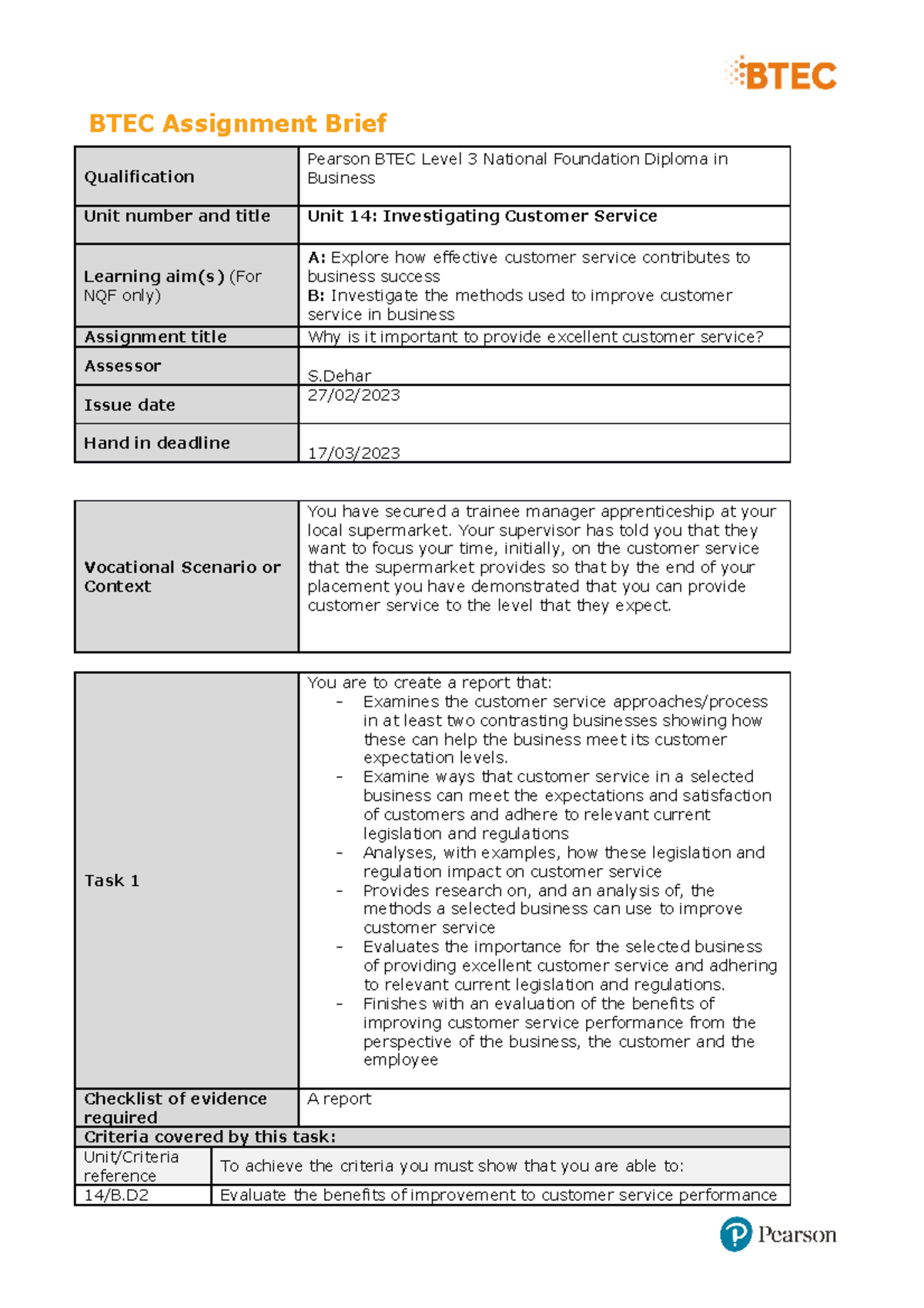 U14 Authorised Assignment Brief A1 - BTEC Assignment Brief ...