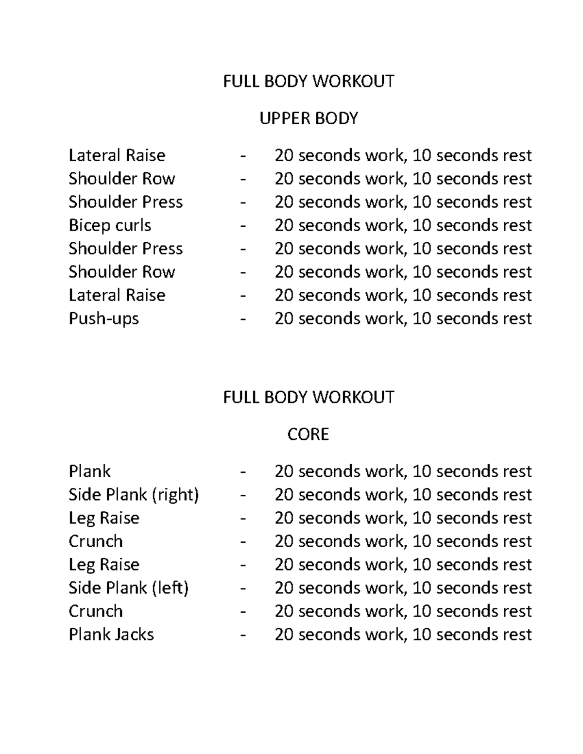 Full body workout FULL BODY WORKOUT UPPER BODY Lateral Raise 20