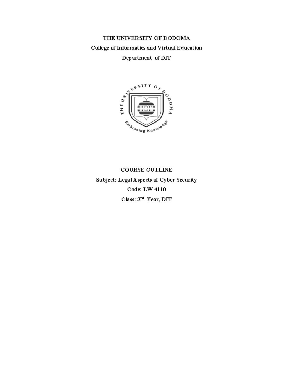 LW 4110 Course outline (2023 THE UNIVERSITY OF DODOMA College of