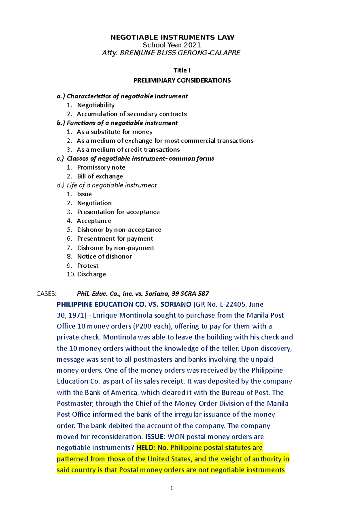 NIL-cases - Negotiable Instrument - NEGOTIABLE INSTRUMENTS LAW School ...