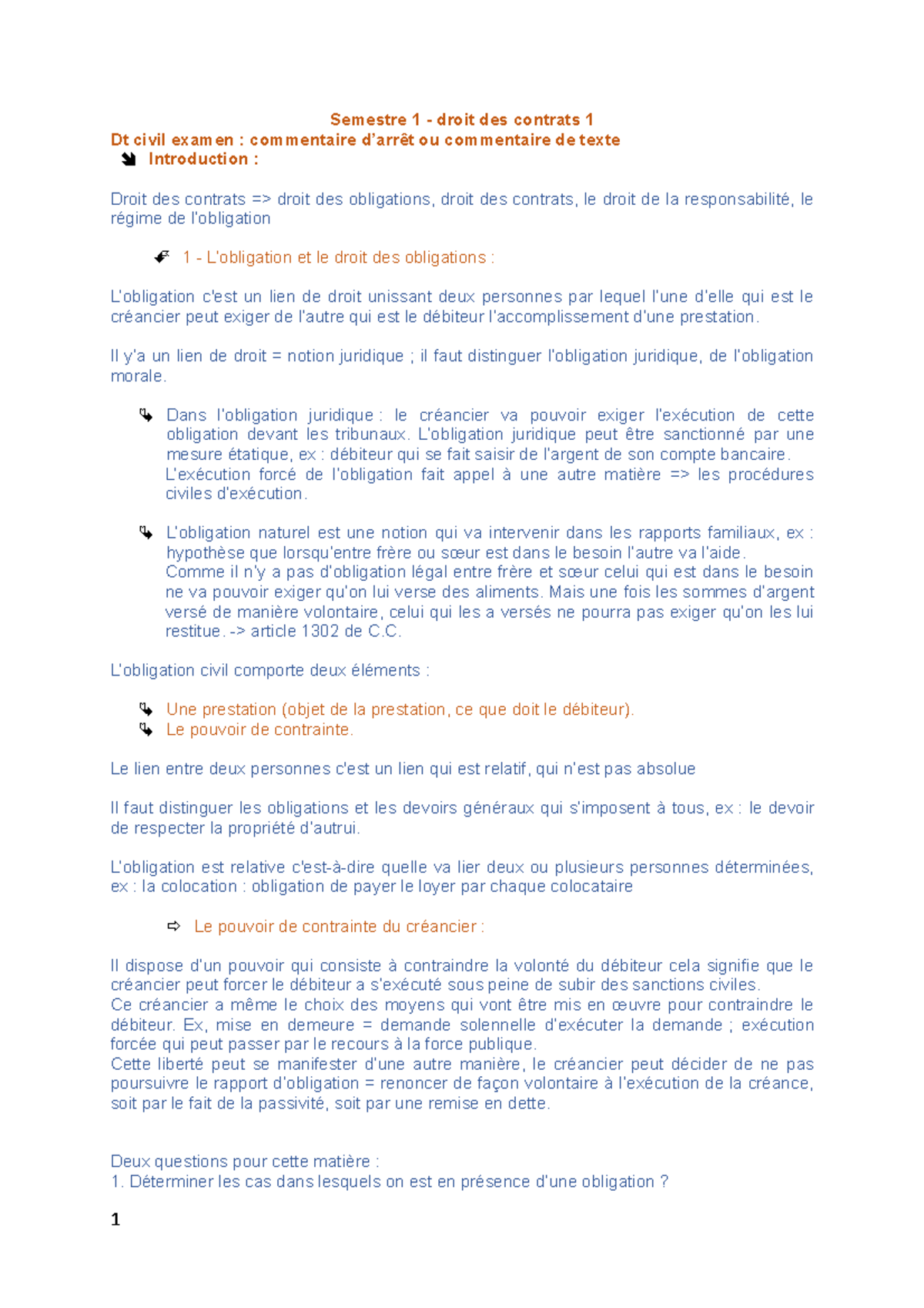 CM Droit Des Contrats - Il Y’a Un Lien De Droit = Notion Juridique ; Il ...