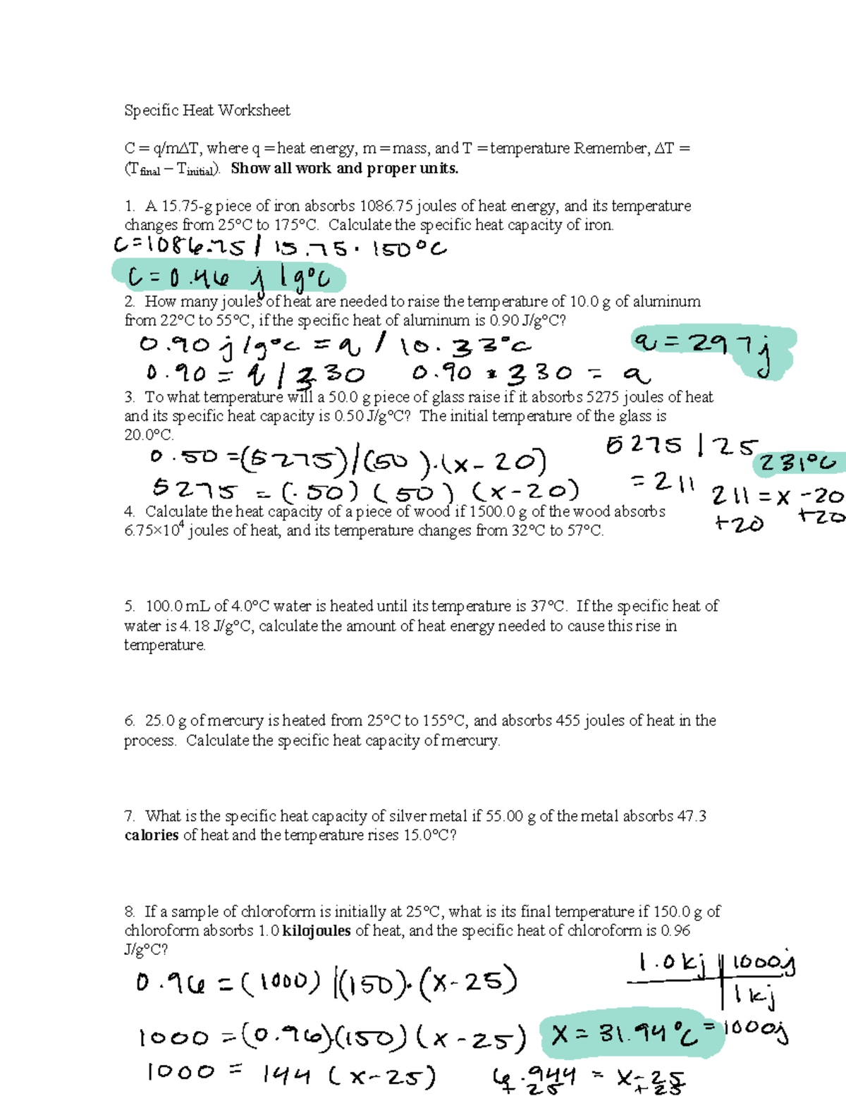 Specific Heat Practice Problems Specific Heat Worksheet C T m T ZheUe T HeaW EneUg M 