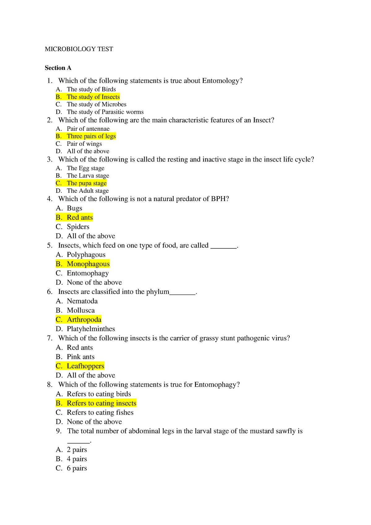 Microbiology Test (Section A + Section B) - MICROBIOLOGY TEST Section A ...