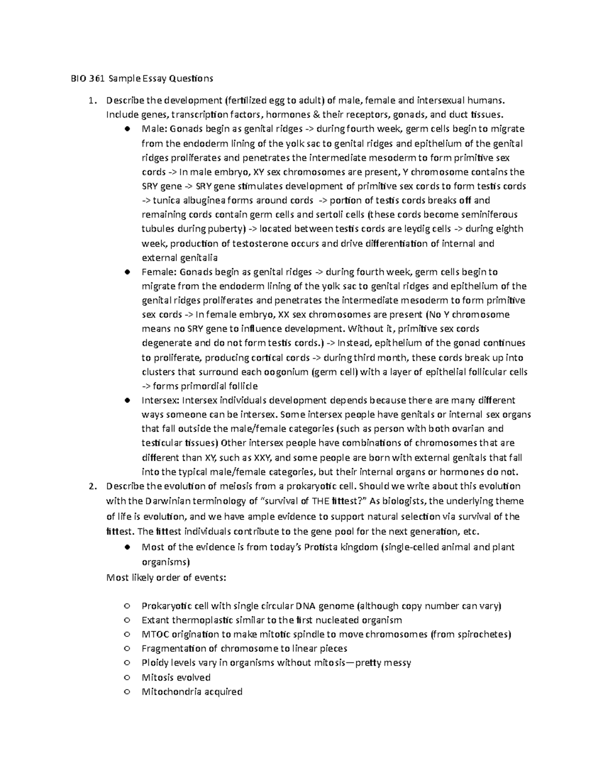 BIO 361 Sample Essay Questions - BIO 361 Sample Essay Questions ...
