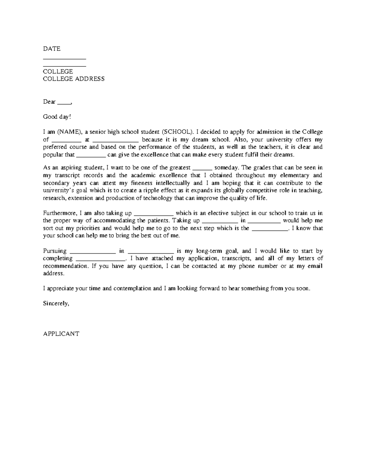 College Admission Letter DATE COLLEGE