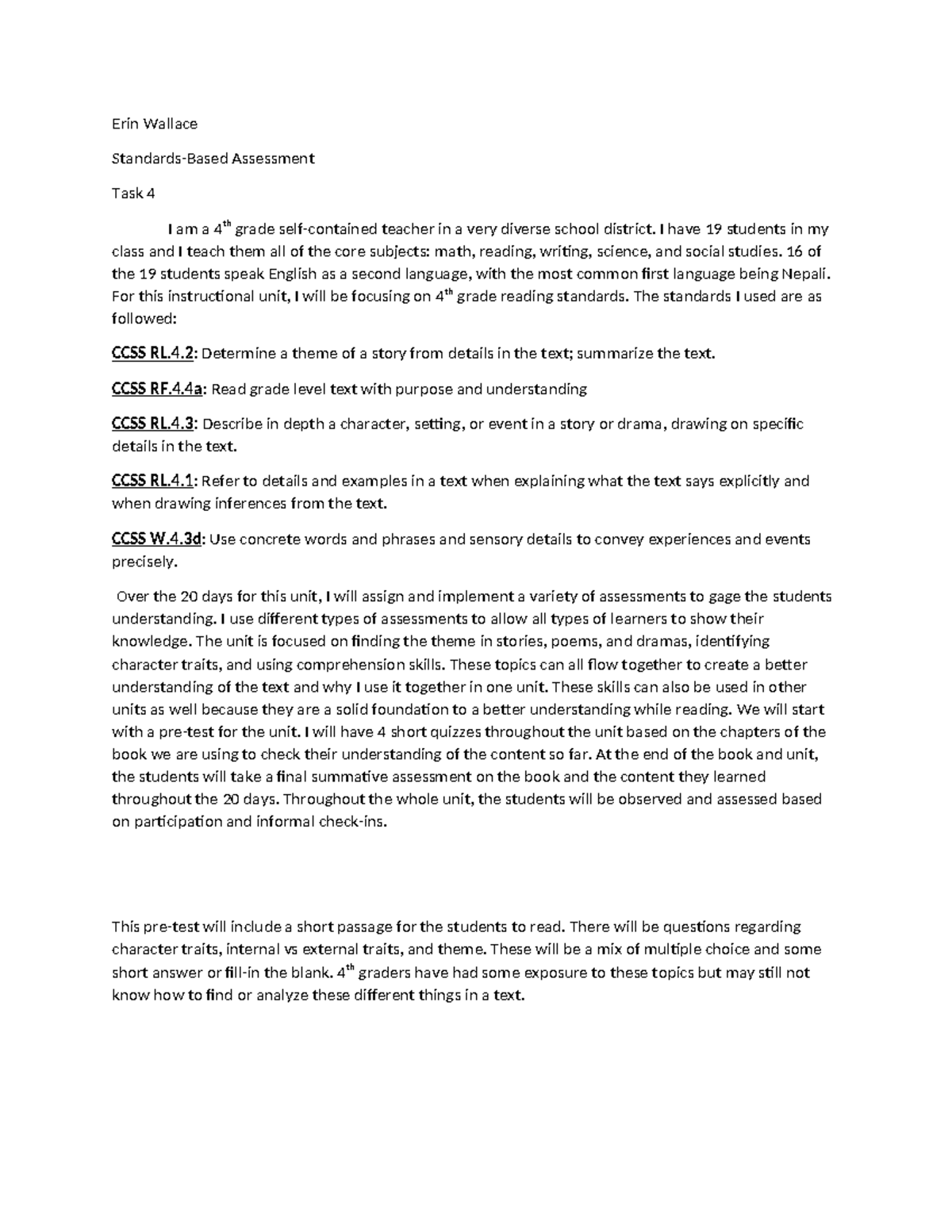 Standard-Based Assessment Task 4 - Erin Wallace Standards-Based ...
