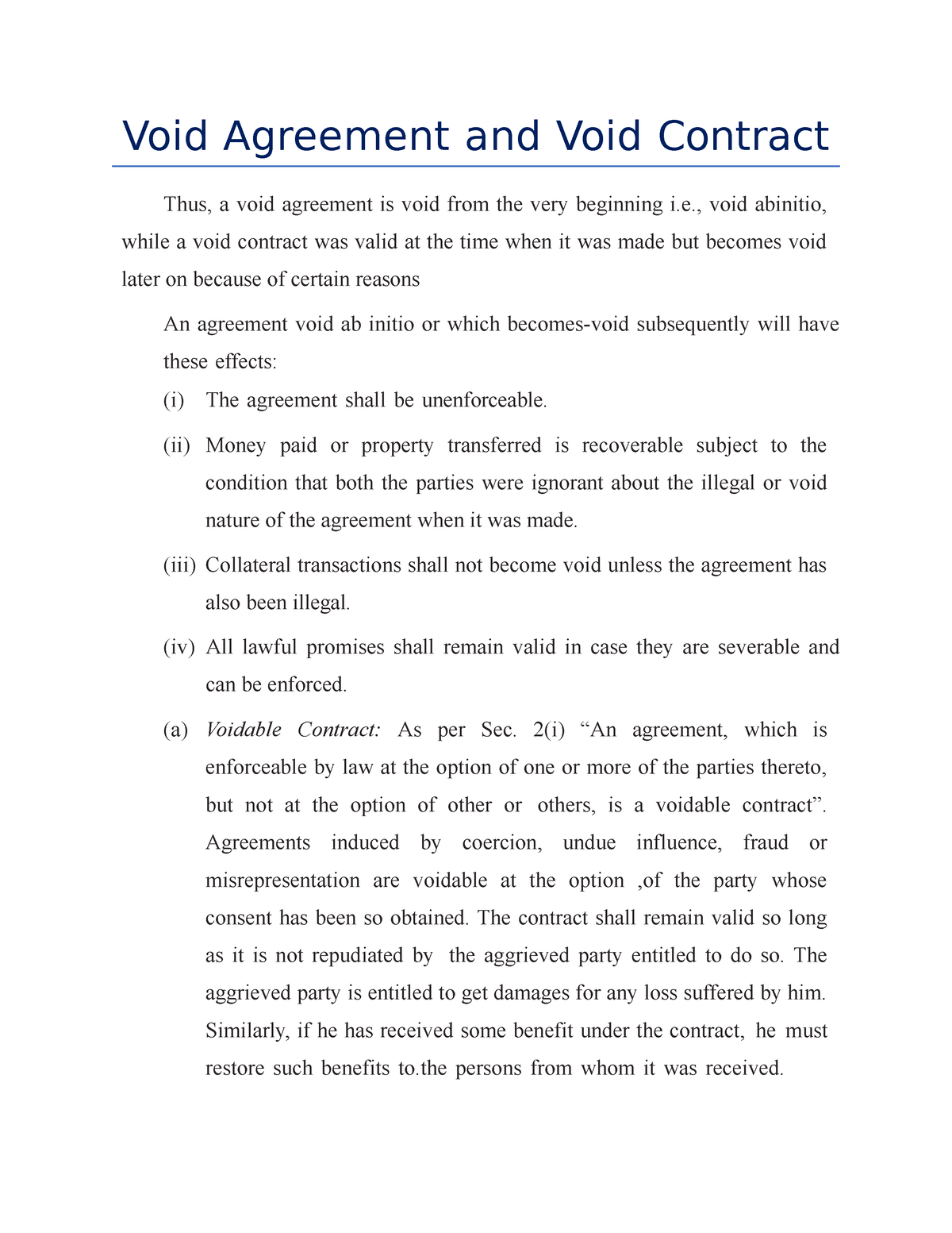 assignment on void agreement