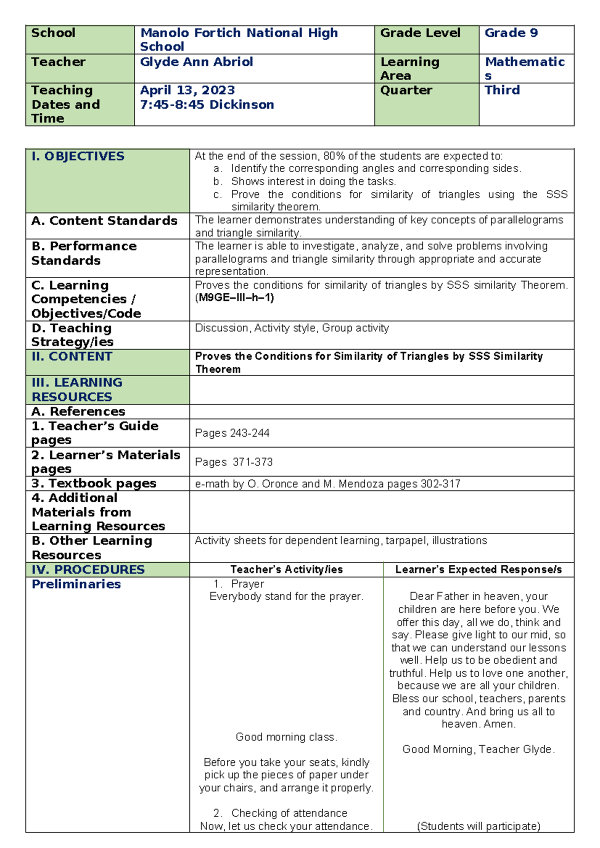 SSS Similarity Theorem - School Manolo Fortich National High School ...