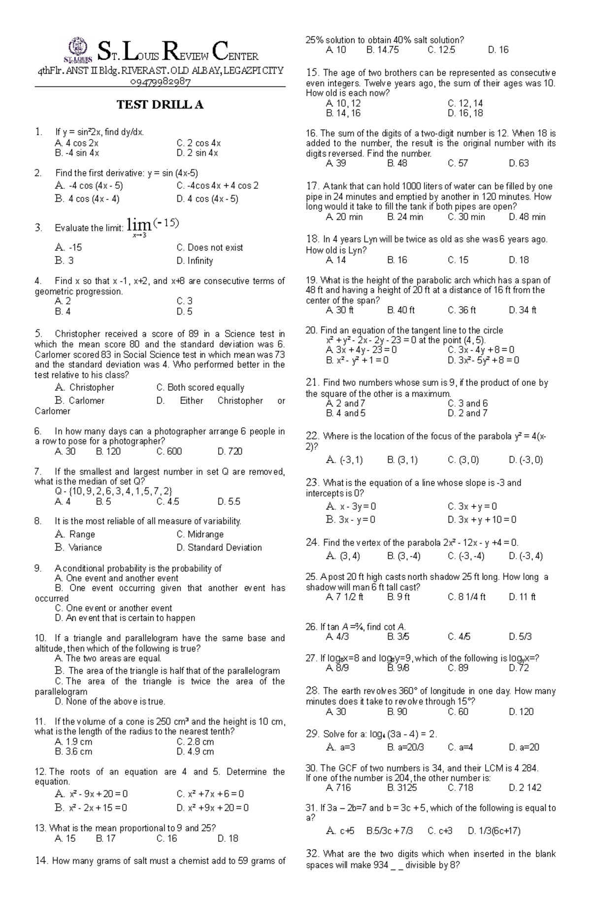 MATH TEST Drills B - Notes - ST. LOUIS REVIEW CENTER 4thFlr. ANST II ...