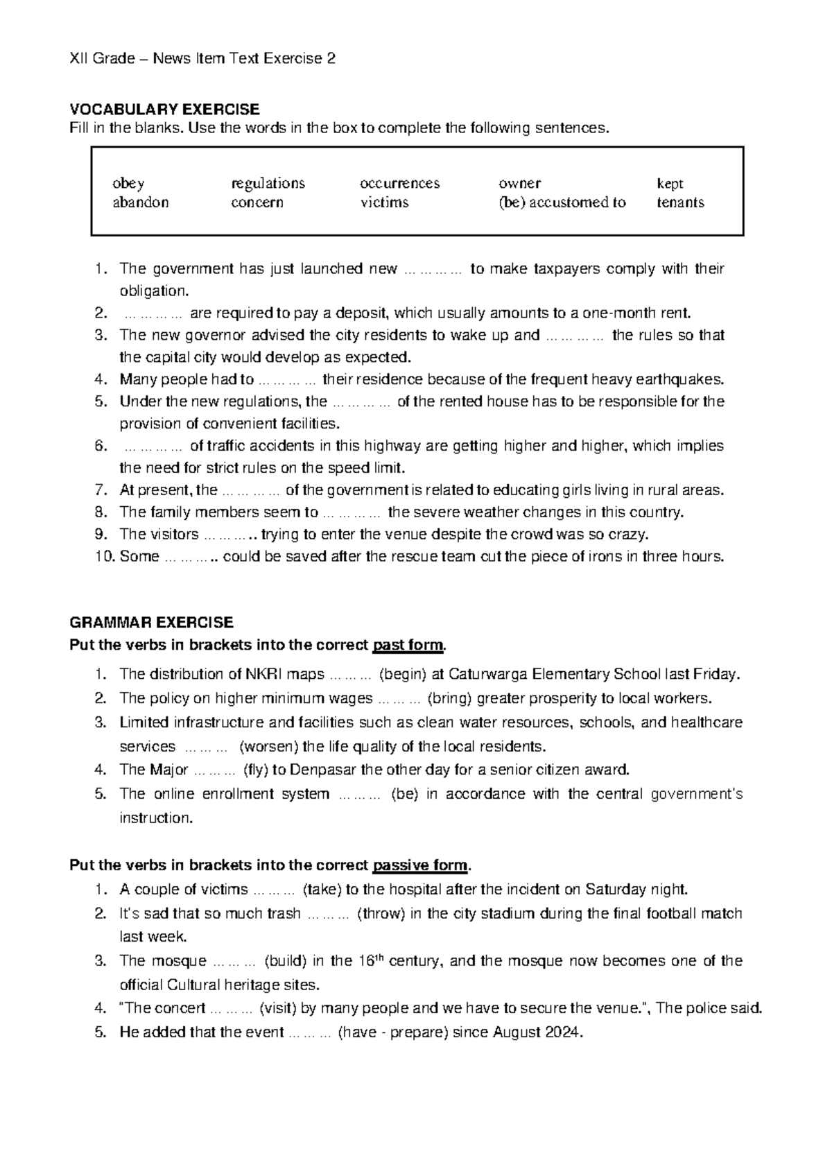 News Item Text Vocabulary & Grammar Exercise - XII Grade – News Item ...
