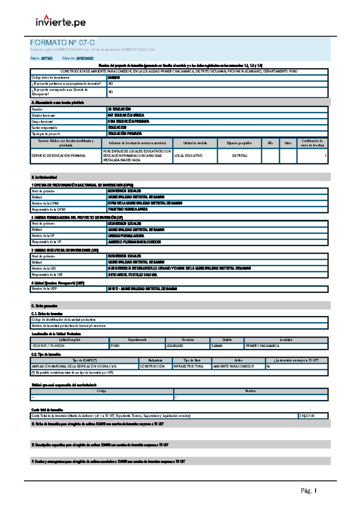 2019 0424 Formato Invierte PE - Nombre Del Proyecto De Inversión ...