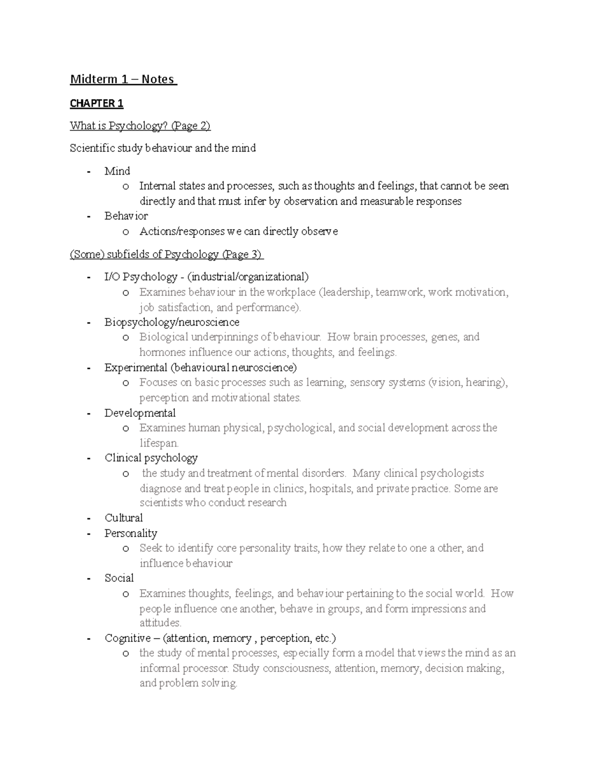 Midterm 1 - Midterm 1 – Notes CHAPTER 1 What is Psychology? (Page 2 ...
