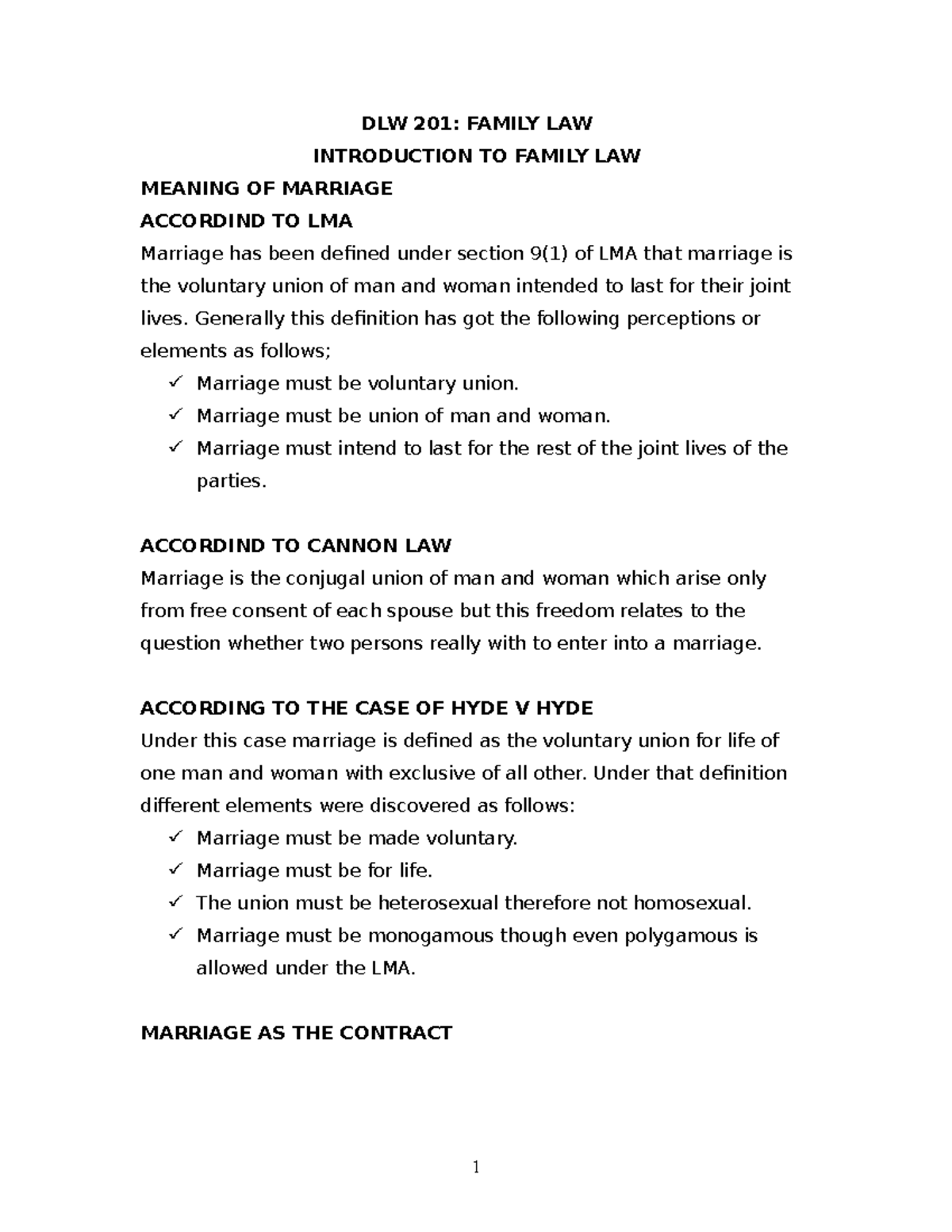 Family Law Notes DLW 201 FAMILY LAW INTRODUCTION TO FAMILY LAW