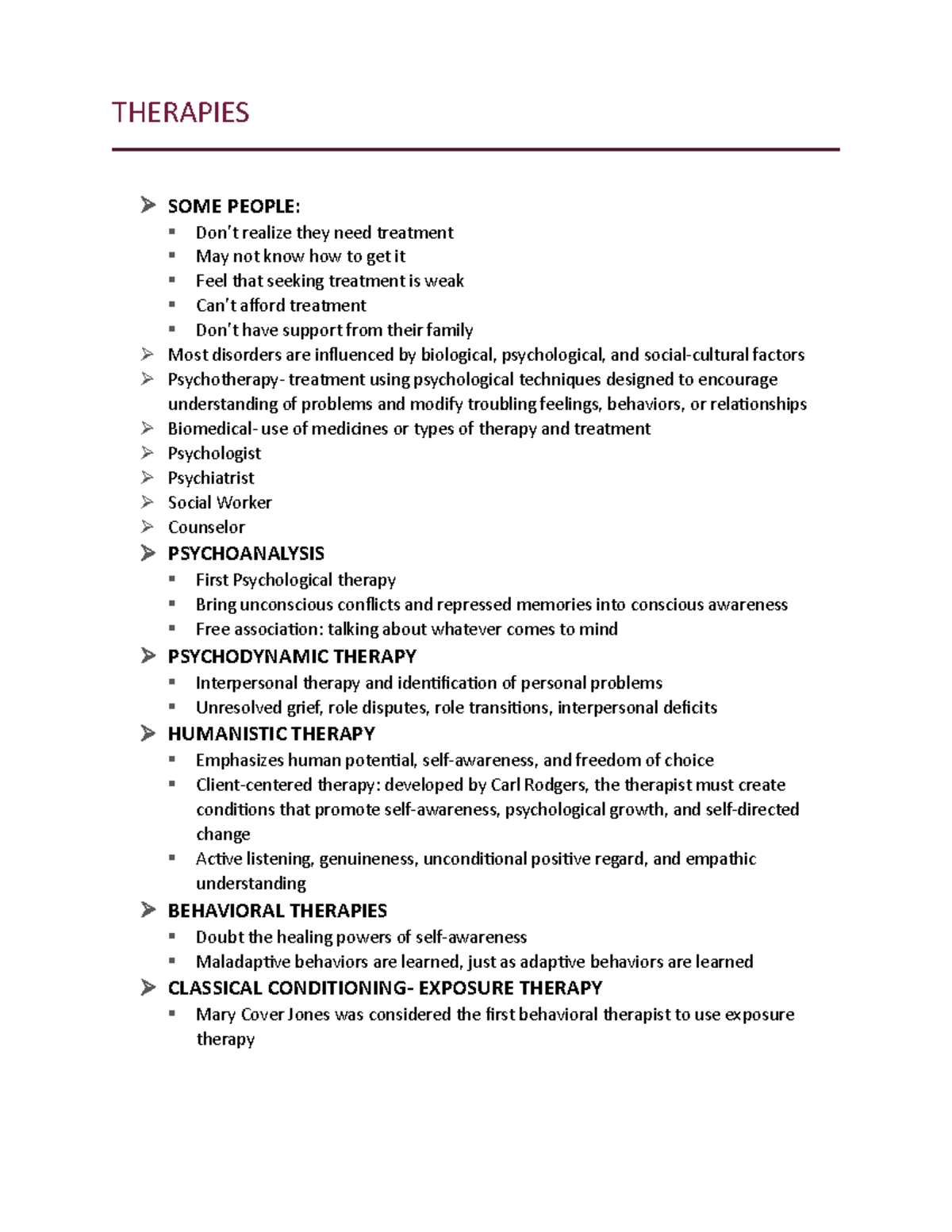 Types of Therapies and Treatment for Psychological Disorders - Studocu