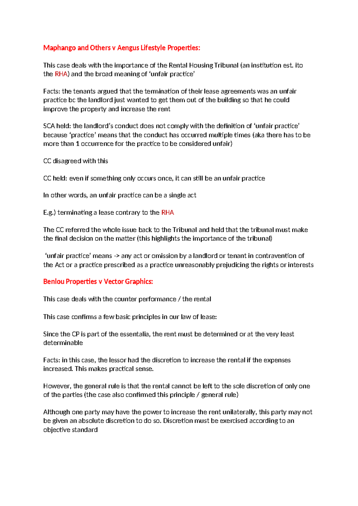Kth cases exam - Summary Specific contracts - Maphango and Others v ...