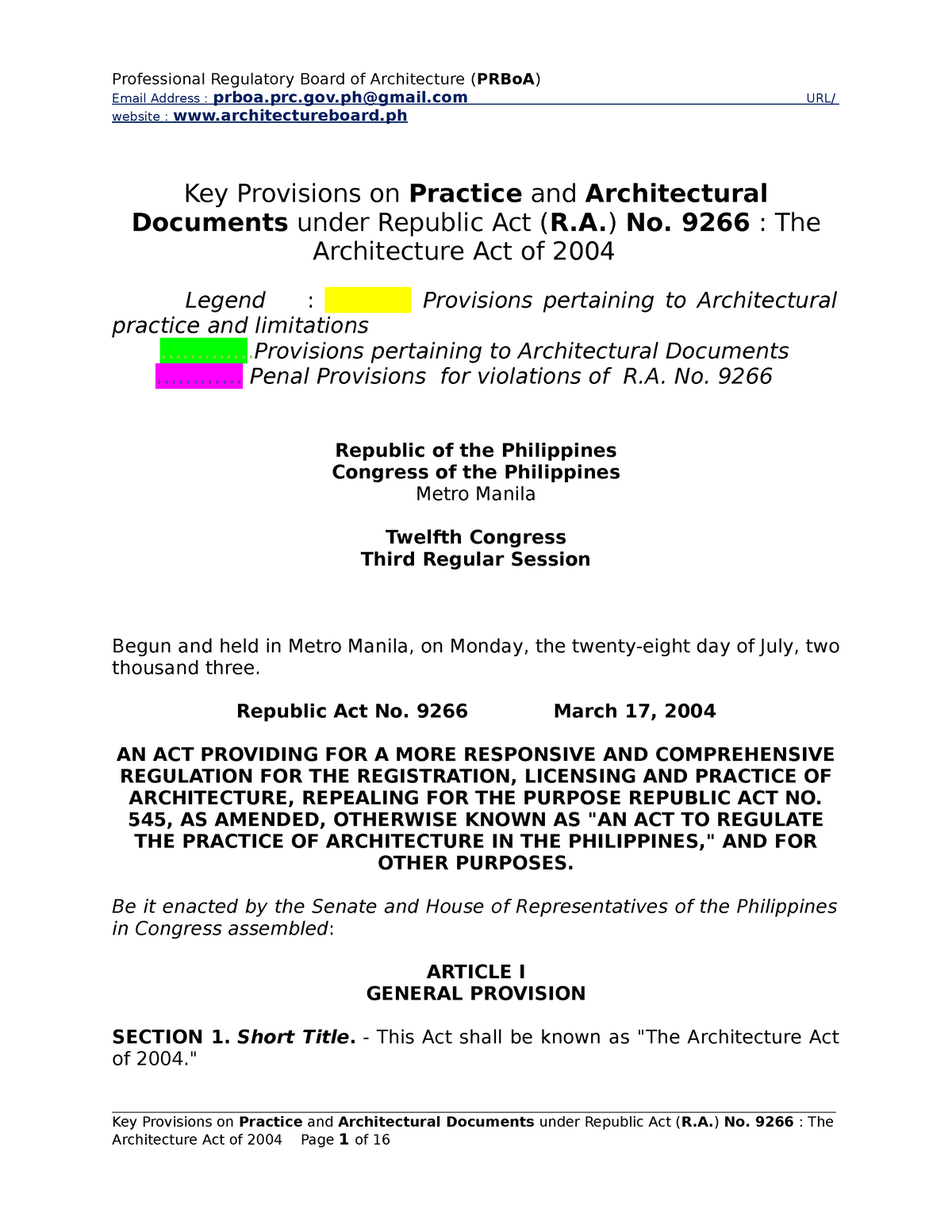 RA 9266 Architecture Act Of 2004 Annotated - Email Address : Prboa.prc ...