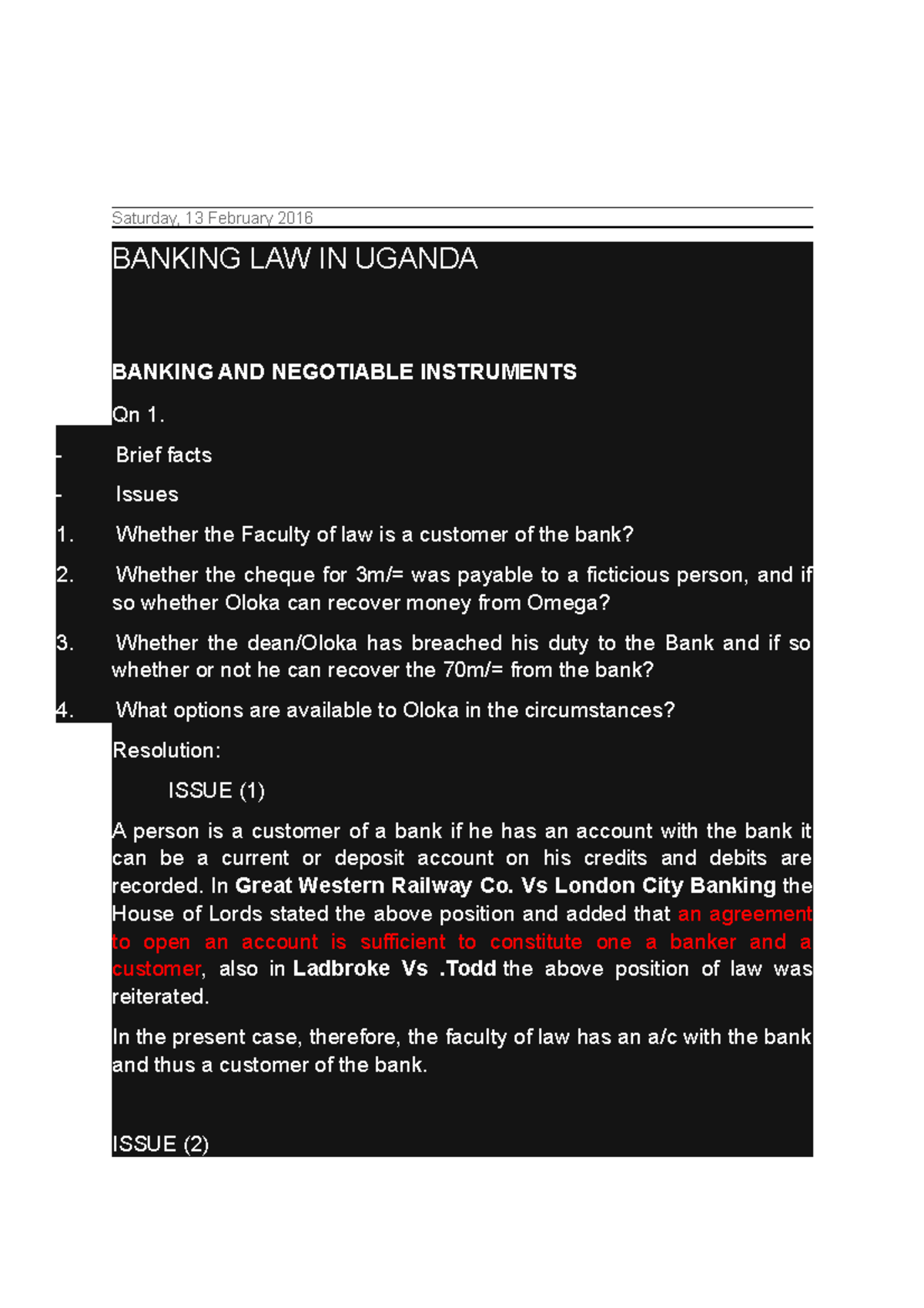 Banking Law Notes Study Material ISAAC LIFE Saturday 13 February
