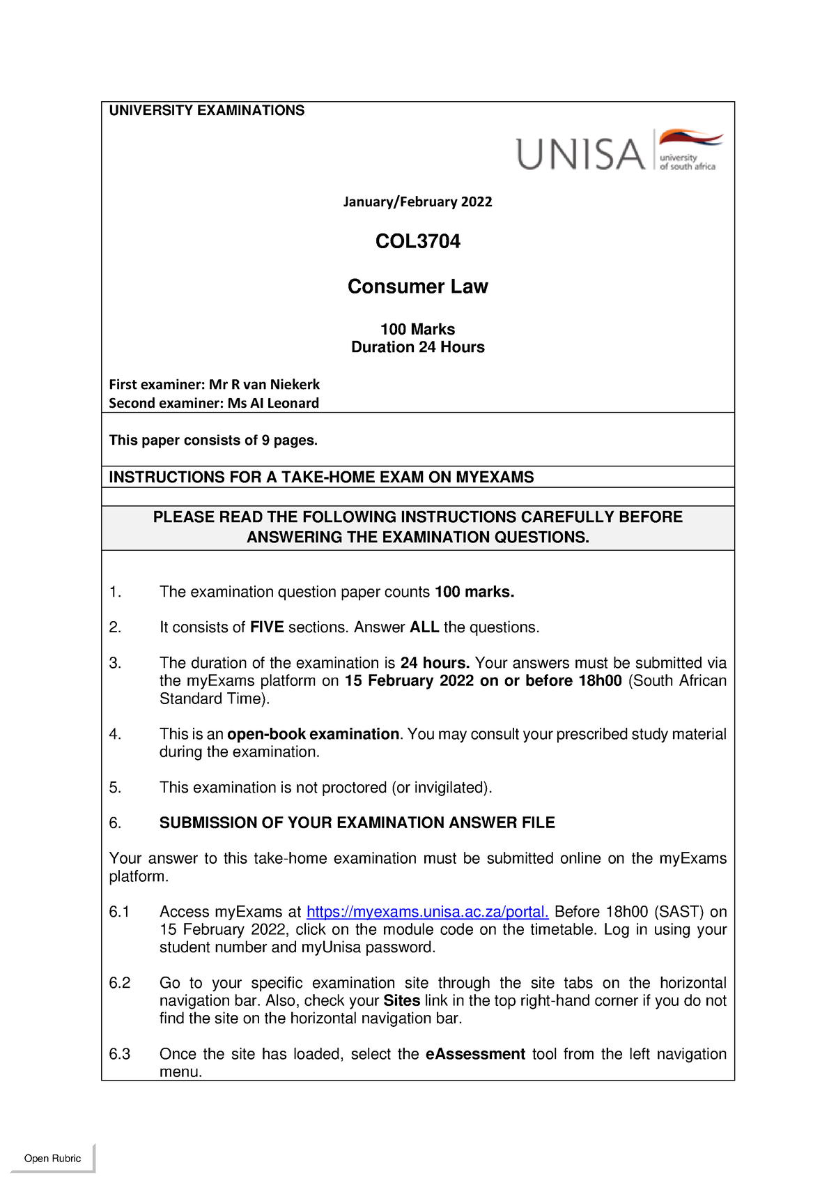 COL3704-Feb 2022 - Exam paper - UNIVERSITY EXAMINATIONS January ...