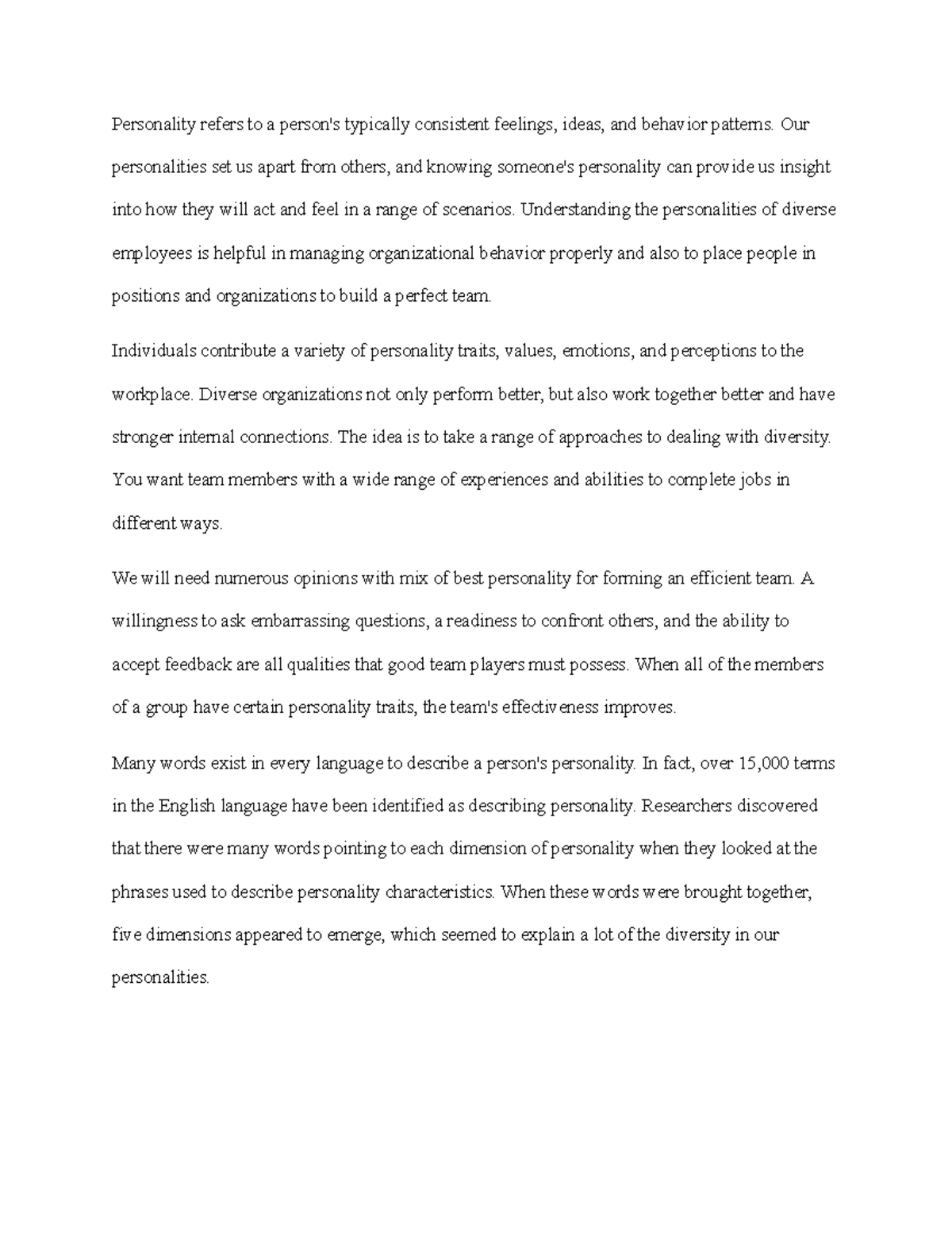 Team Project- Topic description - Personality refers to a person's ...