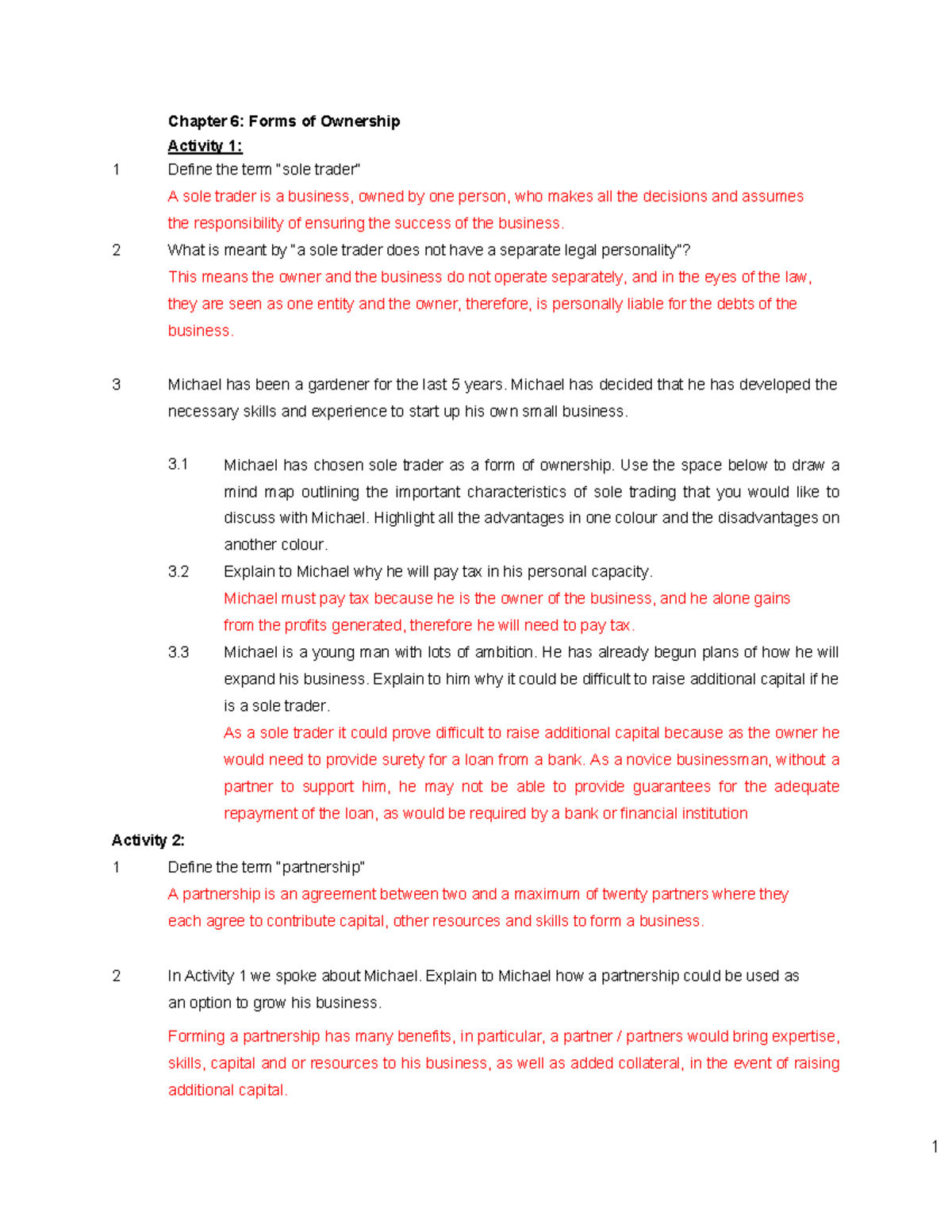 Forms of ownership - Notes - Chapter 6: Forms of Ownership Activity 1: ...