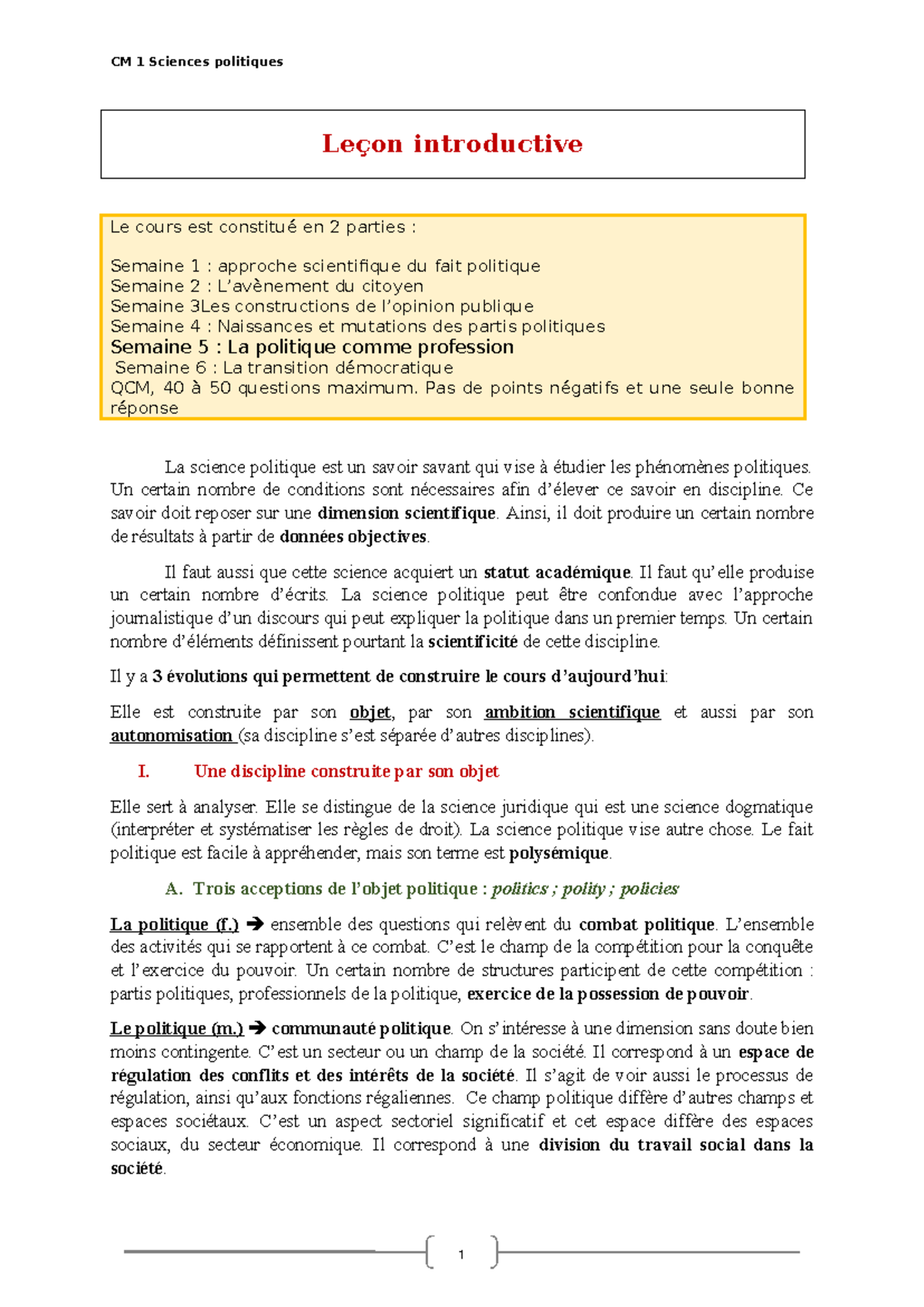 CM1 - CM séance 1 du cours magistral de science politique - Leçon ...