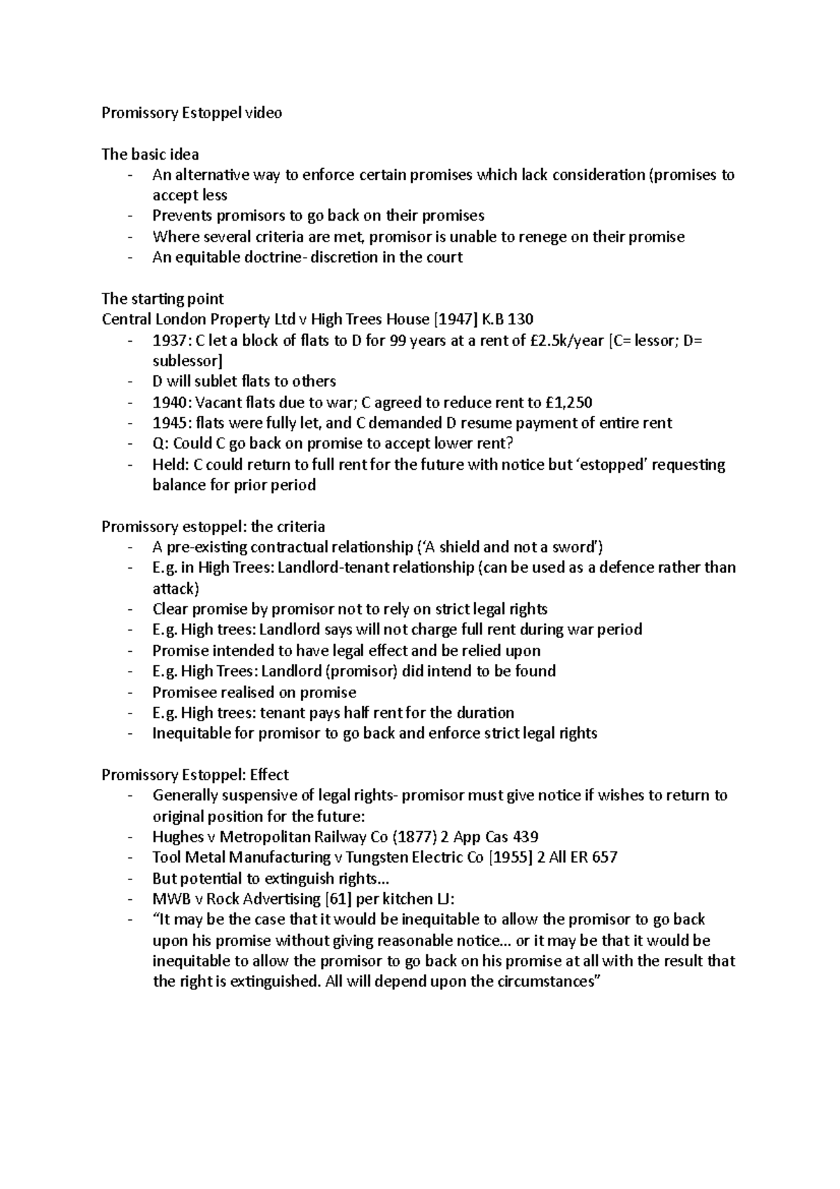 Promissory Estoppel video in High Trees Landlordtenant relationship