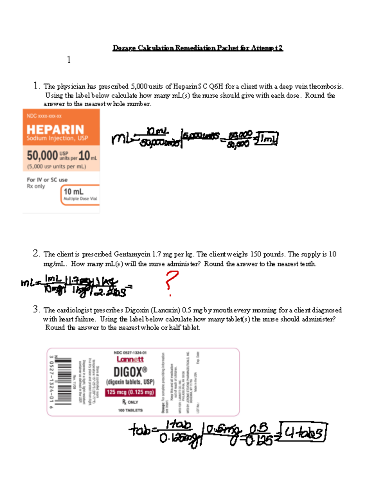 Dosage remediation attempt 2 - Dosage Calculation Remediation Packet ...
