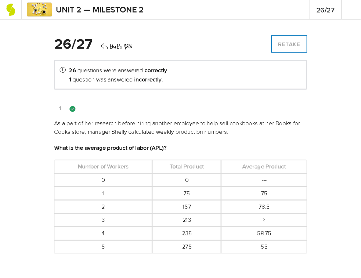 Microeconomics Milestone 2 - 1 26 / 27 That's 96% RETAKE 26 Questions ...