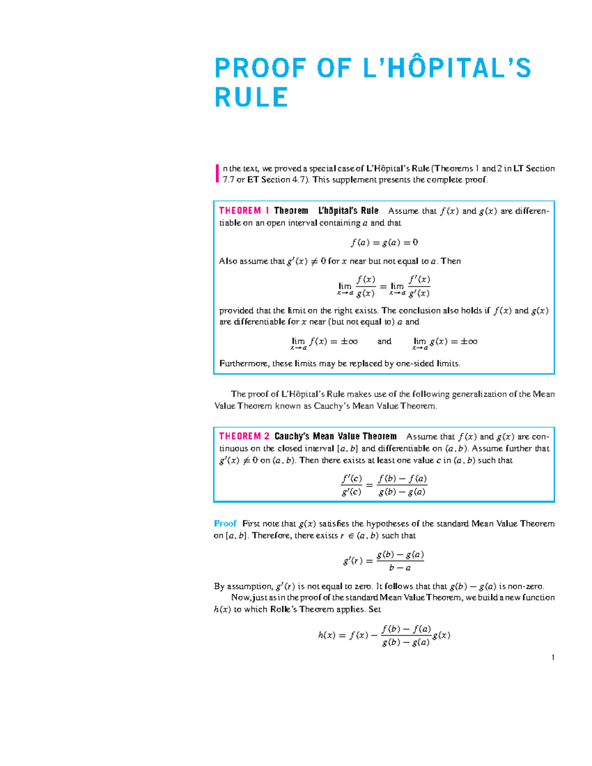 Proof of L'hopital's Rule - PROOF OF L’HÔPITAL’S RULE I n the text, we ...