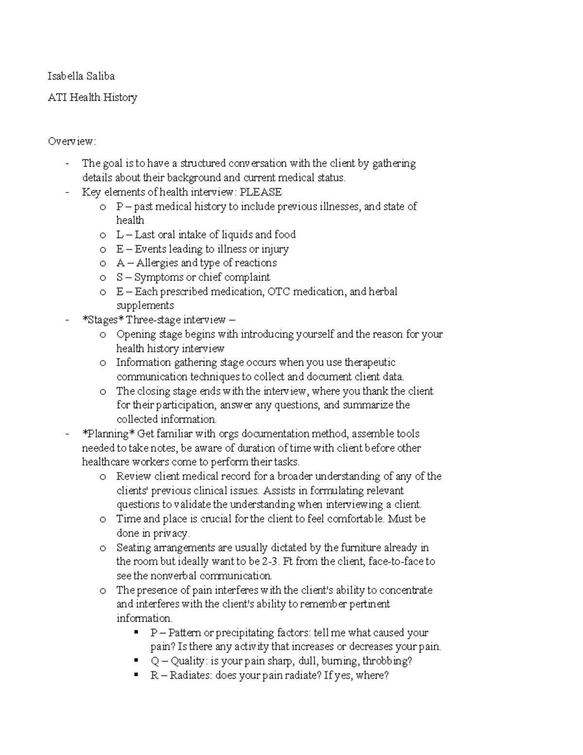 ATI Health History Isabella Saliba ATI Health History Overview The