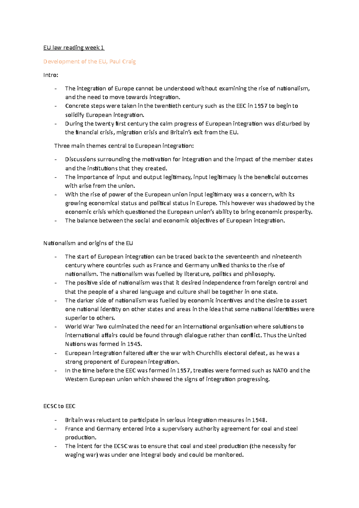 European Law Reading week 1 - EU law reading week 1 Development of the ...