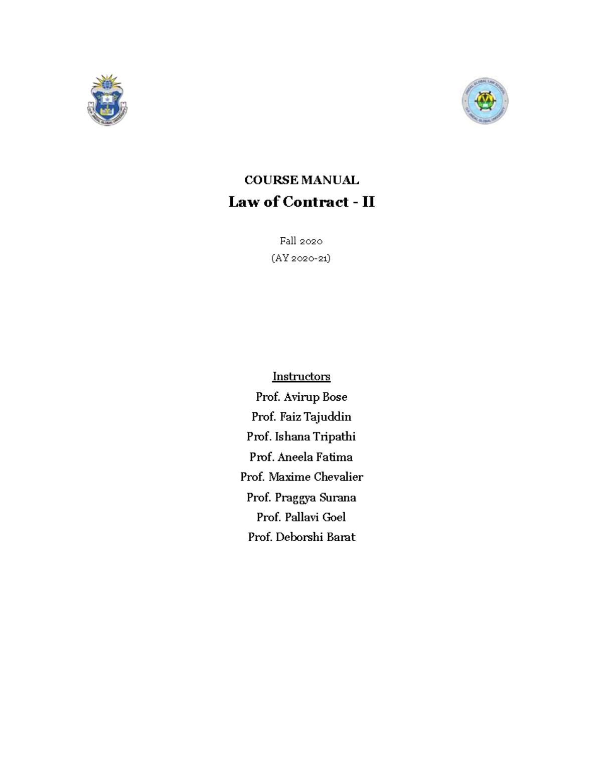 Law of contract - COURSE MANUAL Law of Contract - II Fall 2020 (AY 2020 ...