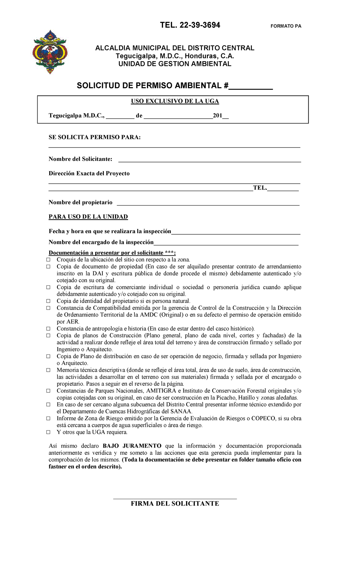Formato Pa Formato De Permiso Ambiental Honduras Tel 22 39 3694 Formato Pa Alcaldia 7868