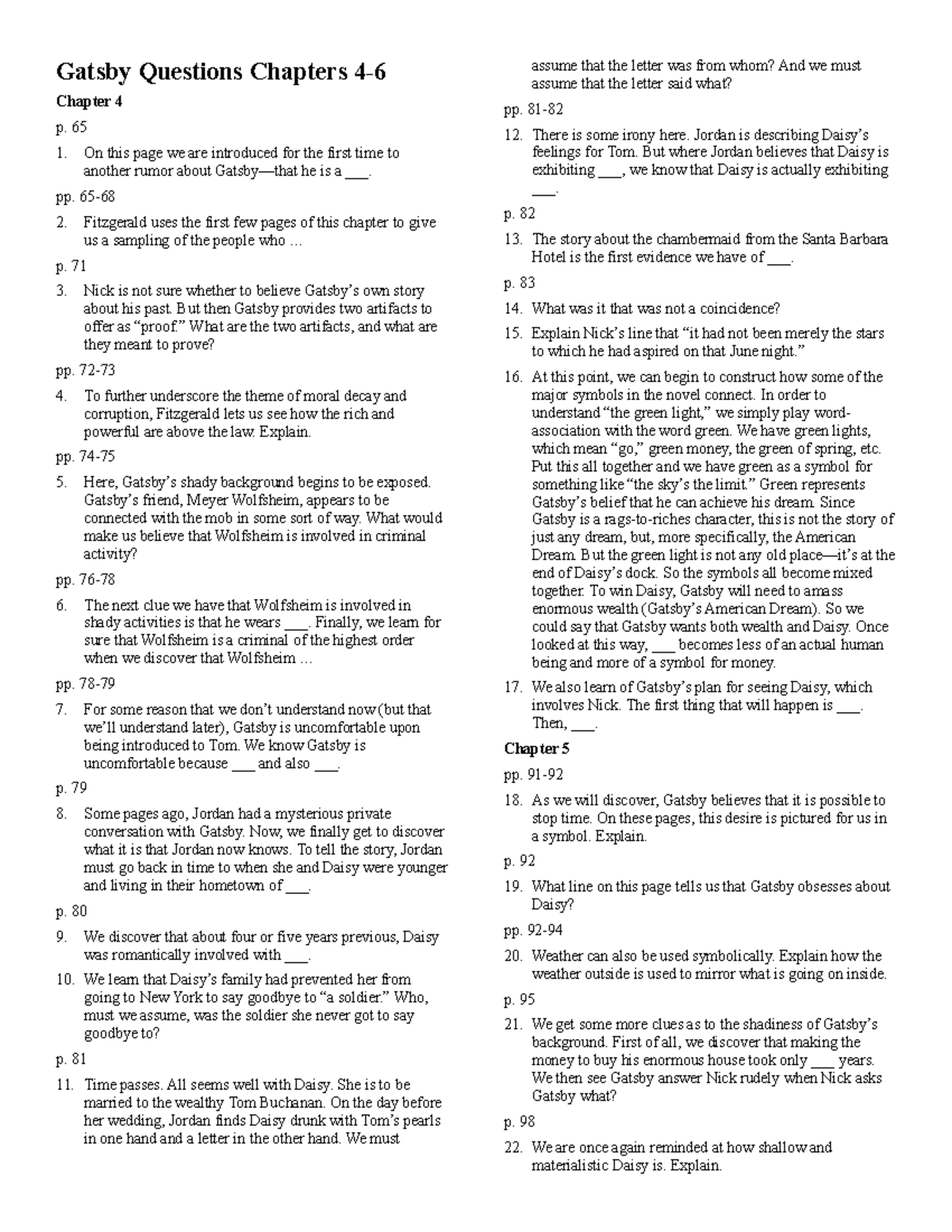Z gatsby questions chapters 4 6 - Gatsby Questions Chapters 4- Chapter ...
