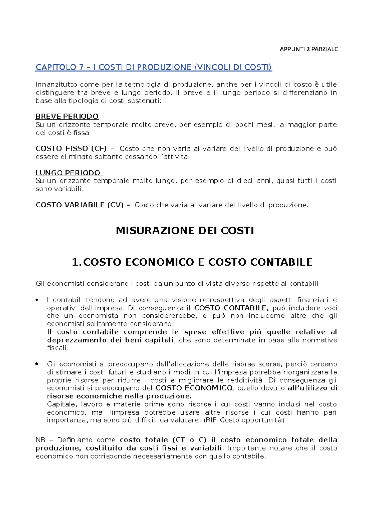 Costi di produzione - ####### APPUNTI 2 PARZIALE CAPITOLO 7 – I COSTI ...