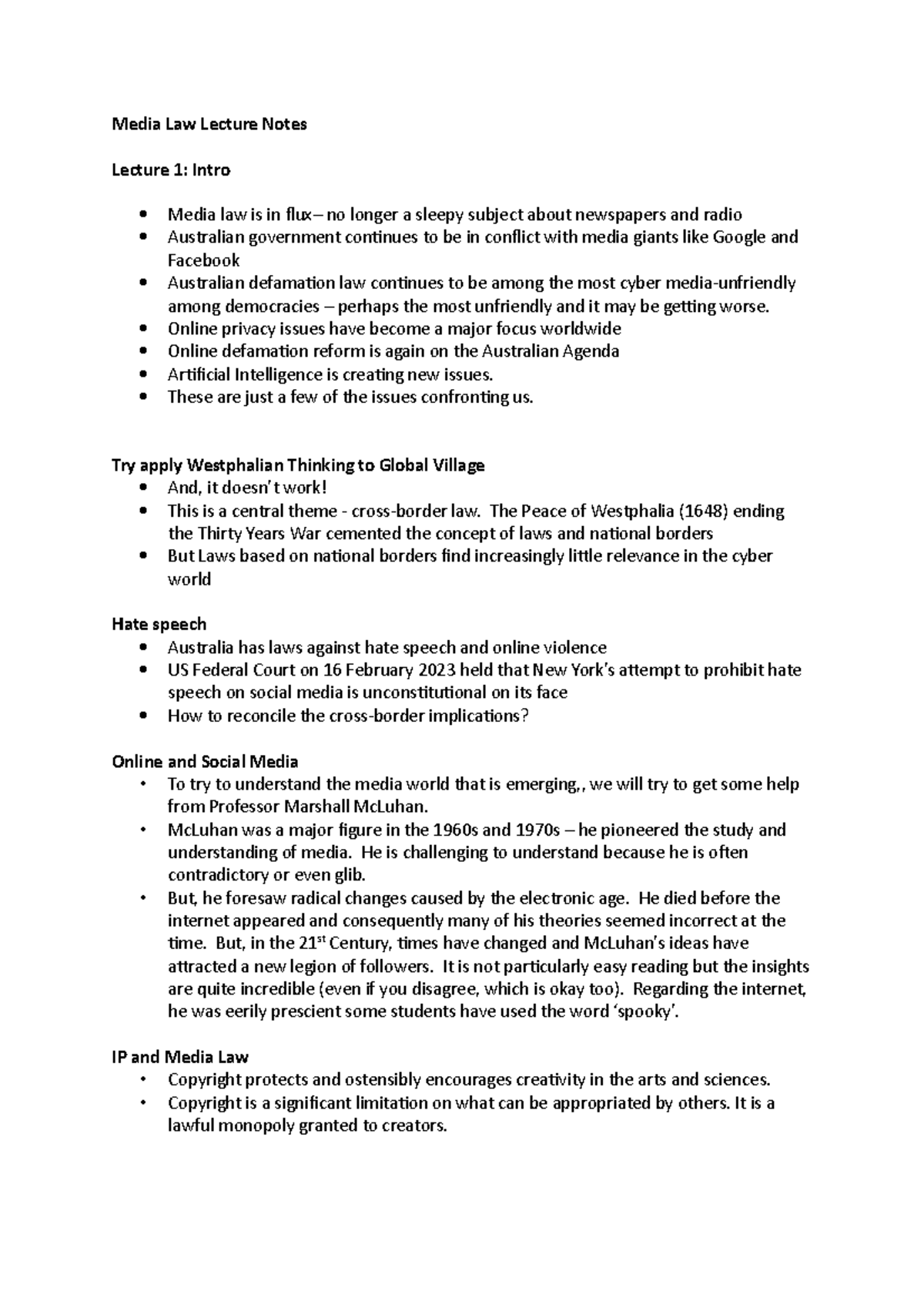 Media Law Lecture Notes - Media Law Lecture Notes Lecture 1: Intro ...