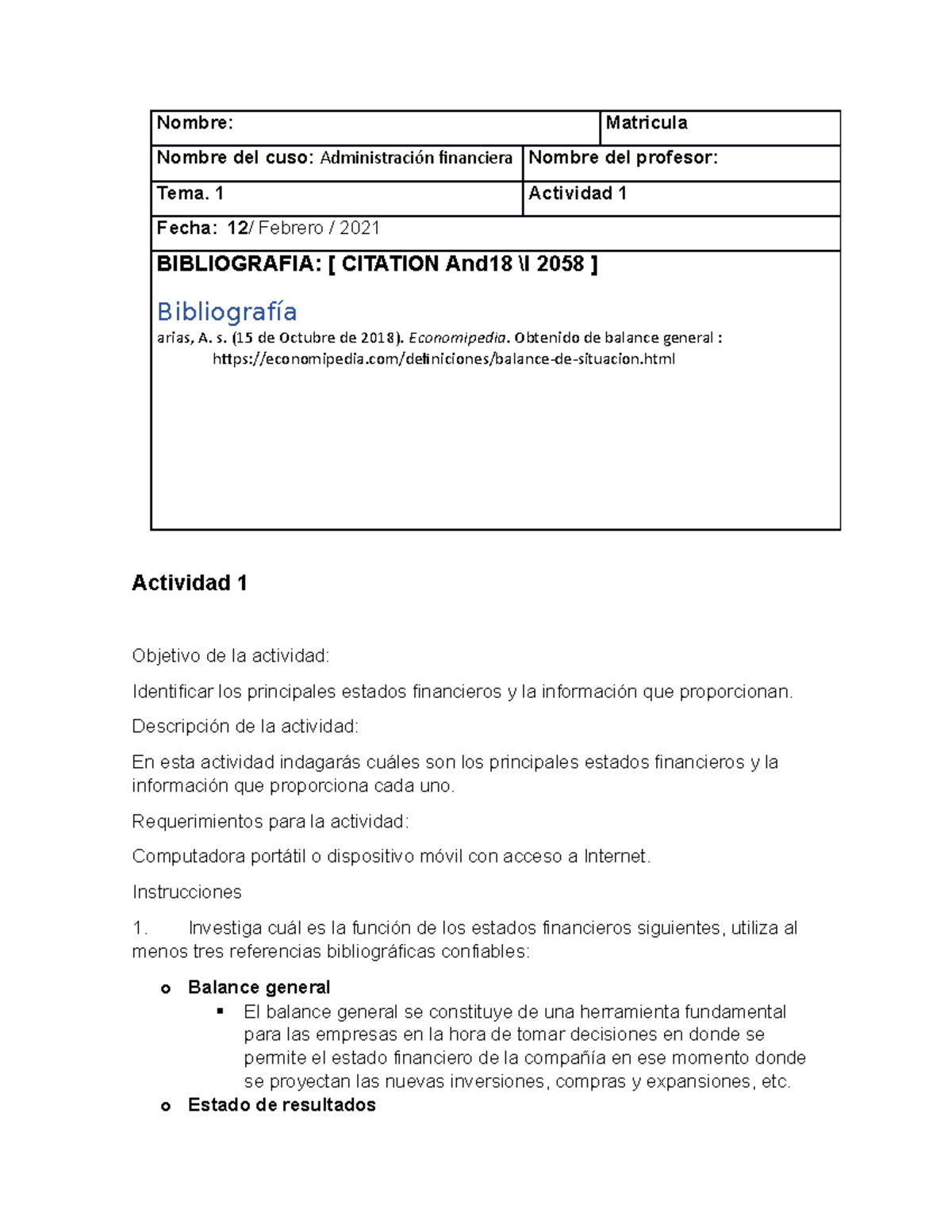 Actividad 1 administracion finaciera - Nombre: Matricula Nombre del ...