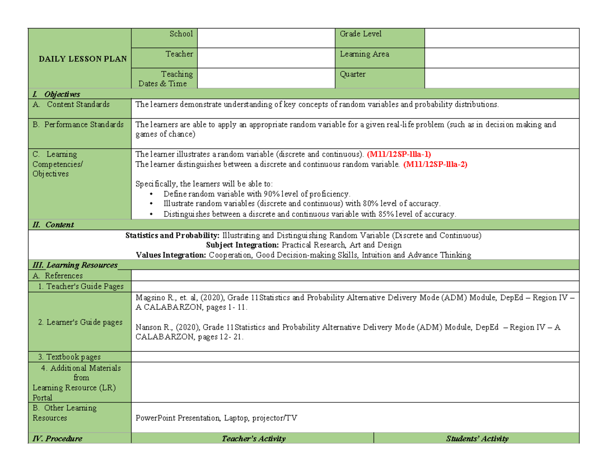 Lesson PLAN - DAILY LESSON PLAN School Grade Level Teacher Learning ...