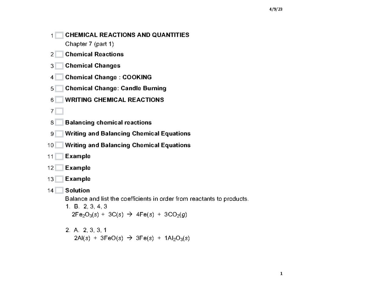 Chapter 7 part 1 - 4/9/ 1 CHEMICAL REACTIONS AND QUANTITIES Chapter 7 ...