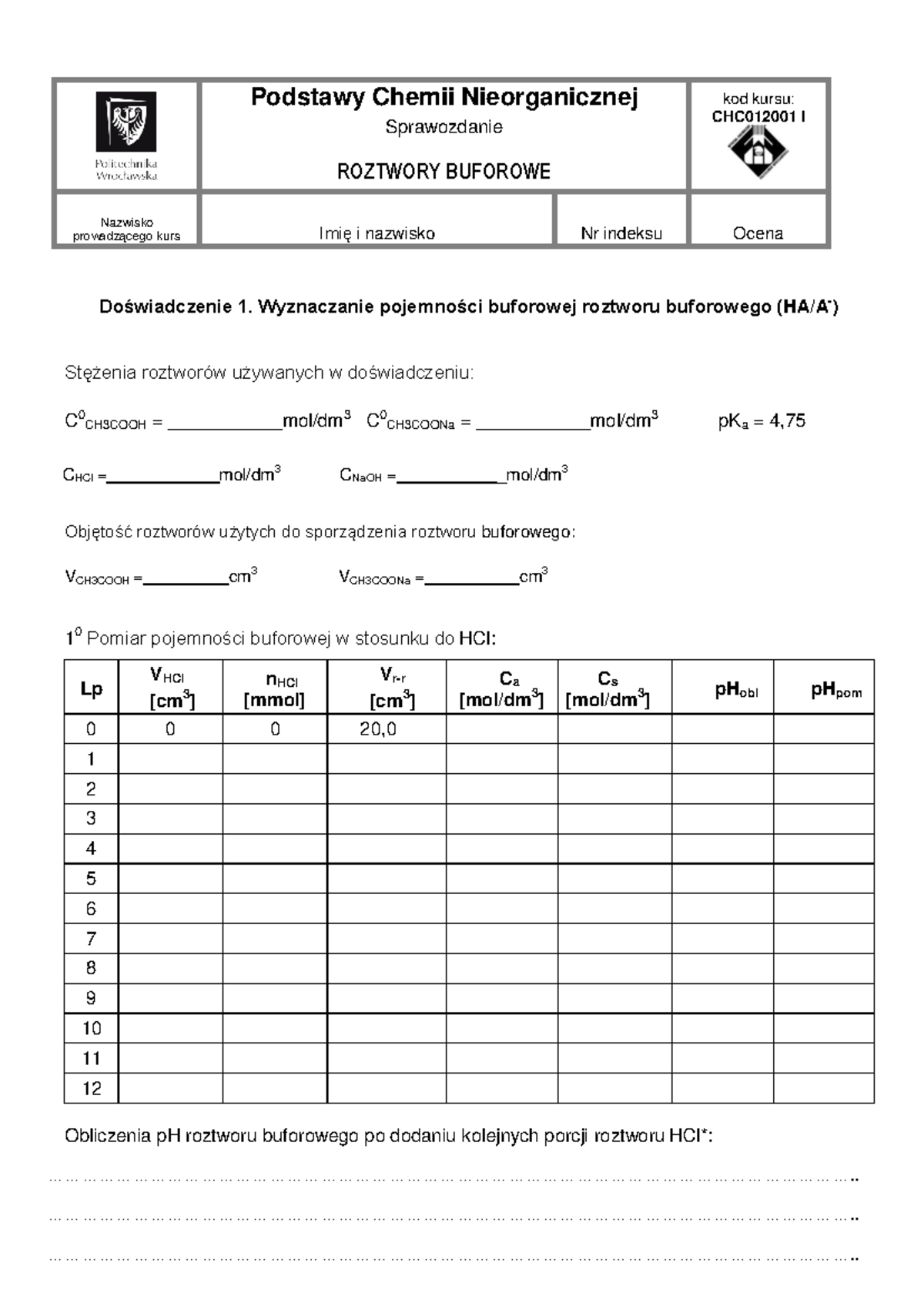 bufory - sprawozdanie - Podstawy Chemii Nieorganicznej Sprawozdanie