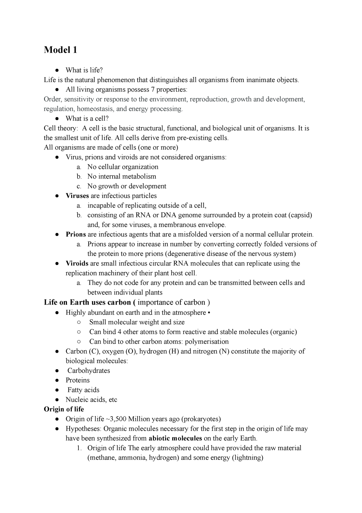 Cell Biology Final Exam Notes - Model 1 What Is Life? Life Is The ...