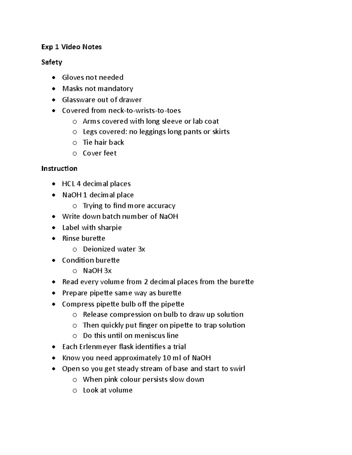Exp 1 Pre-Lab Notes - Exp 1 Video Notes Safety - Gloves not needed ...