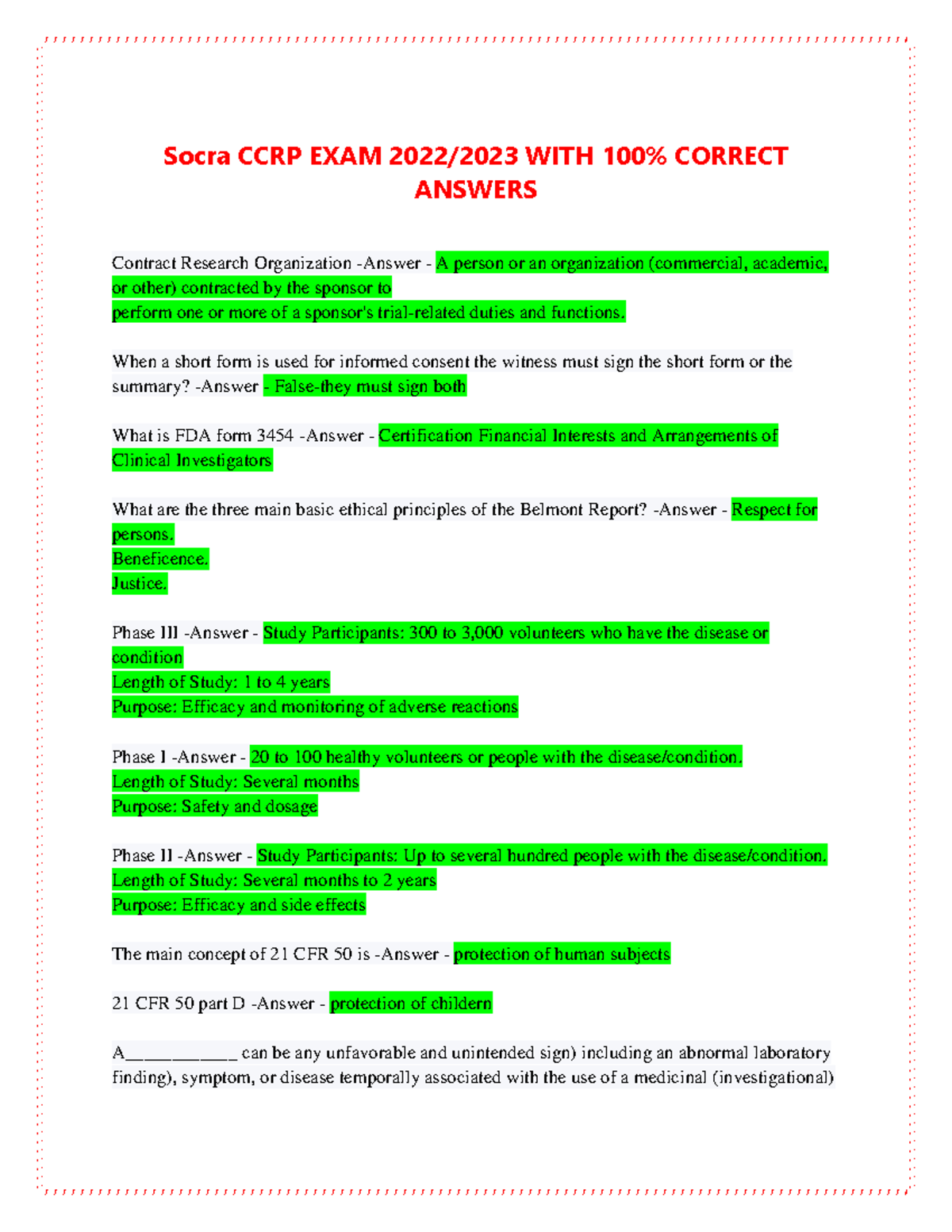 Socra CCRP EXAM 2022 - Socra CCRP EXAM 2022/2023 WITH 100% CORRECT ...