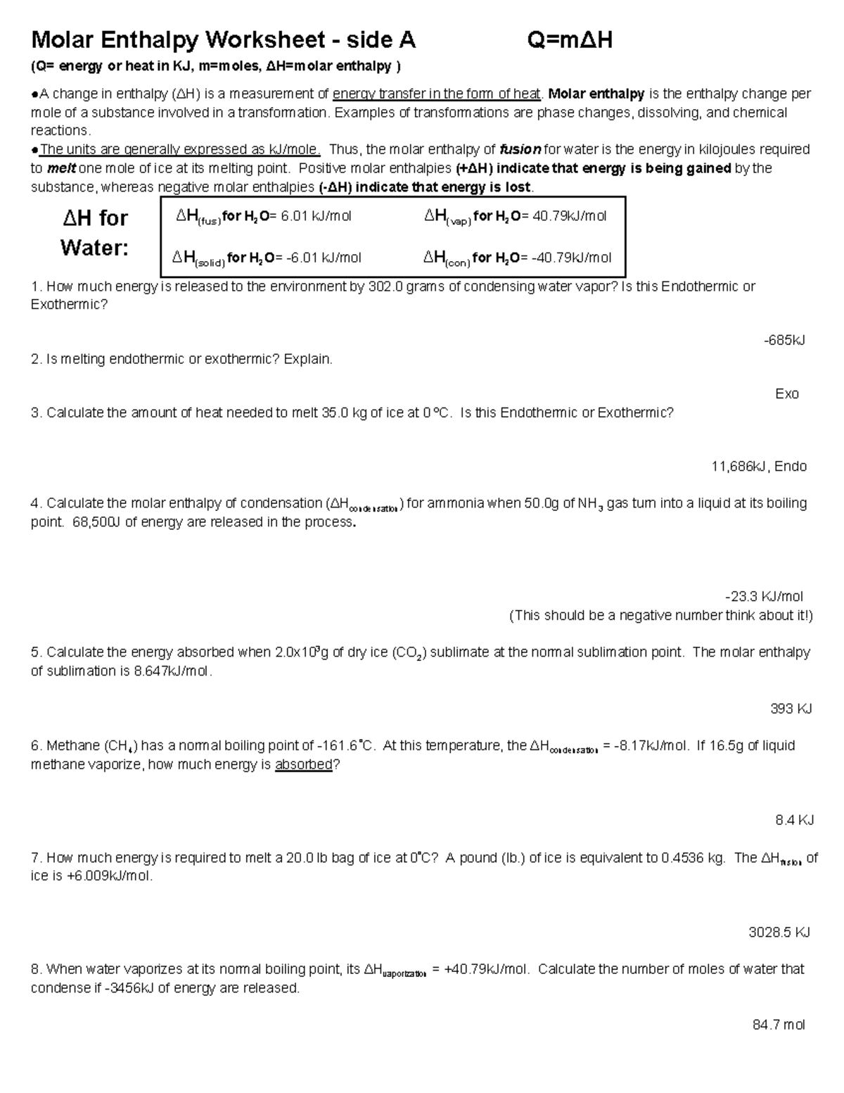 Enthalpy 01 Calculation And Word Problems Molar Enthalpy Worksheet
